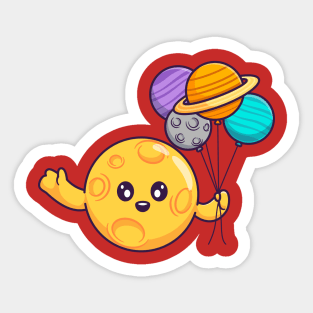 Cute Moon Holding Planet Balloon Cartoon Sticker